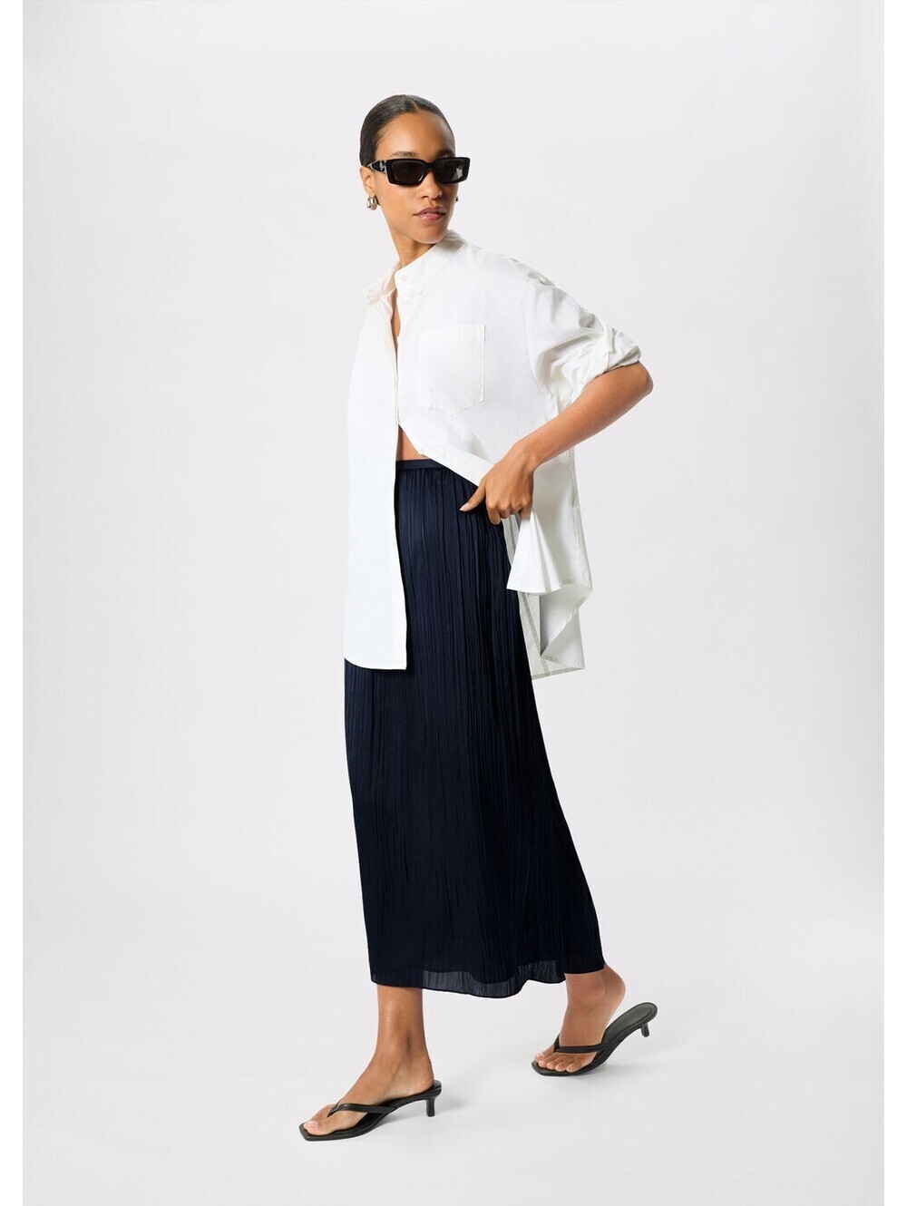 Whistles Navy Plisse Column Midi Skirt US 8 NEW